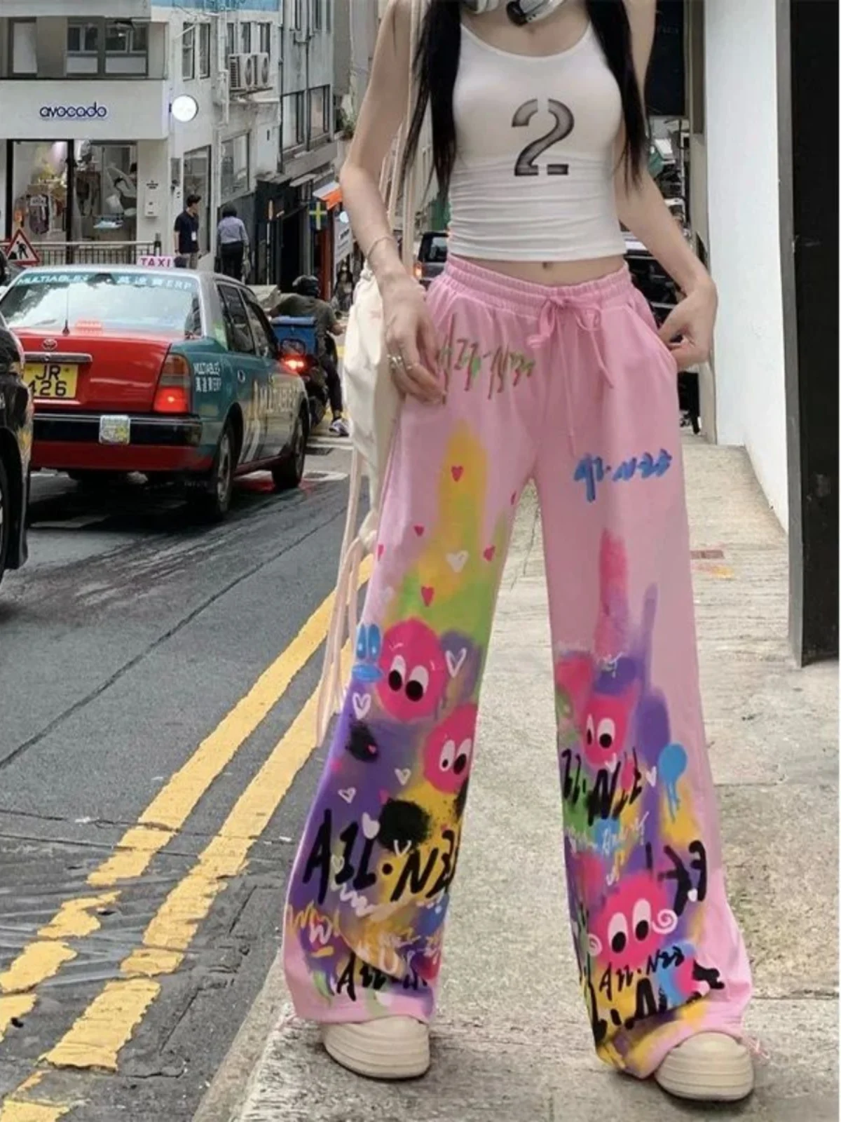 Cintura alta dstring calças largas perna casual fiti rua sle cintura alta confortável ajuste solto leggings