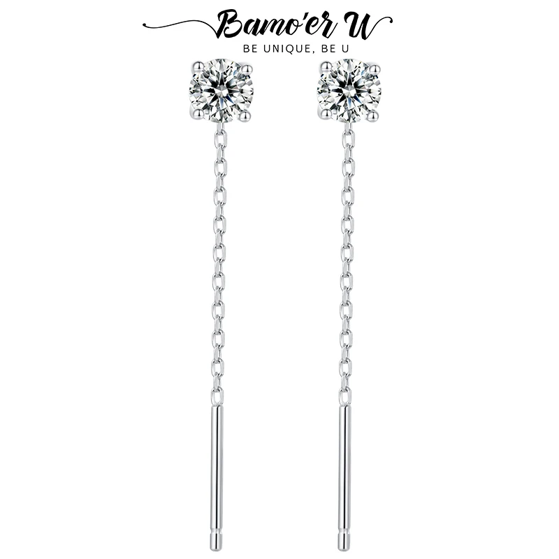 Bamoer U Moissanite Ear Thread Long Chain Drop Earrings Lab Diamond Certificate for Women Jewelry Daily Party Gift Linear Design