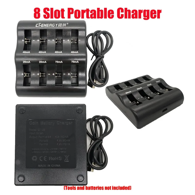 

HAKSINKY 8 Slot Portable Charger for 1220 1240 1620 1632 2032 2025 2016 2430 2440 2450 Li-Ion Coin Cell Batteries, Smart Charger