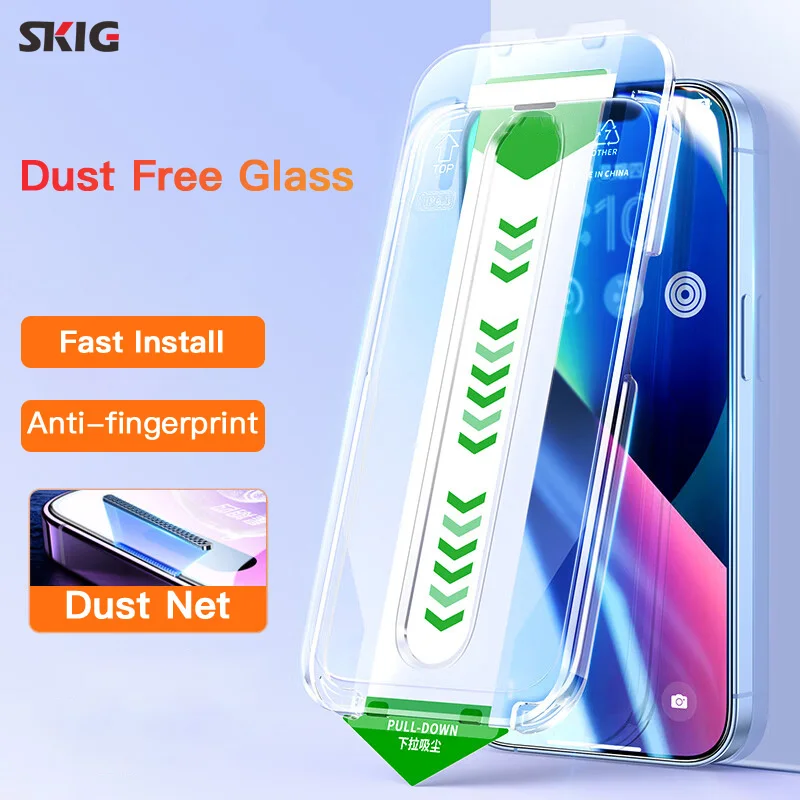 SKIG Dust Free Tempered Glass Film For iPhone 15 14 13 12 Pro Max Plus XS X XR Oleophobic Coating Screen Protector