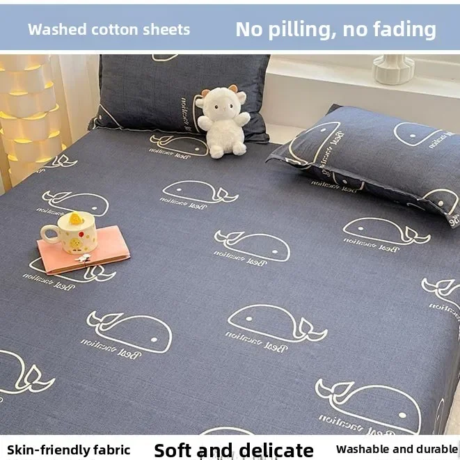 Soft Breathable Washed Cotton Fitted Sheet Single Piece, Skin-Friendly Minimalist Design, All-Season Bedding, Easy Care