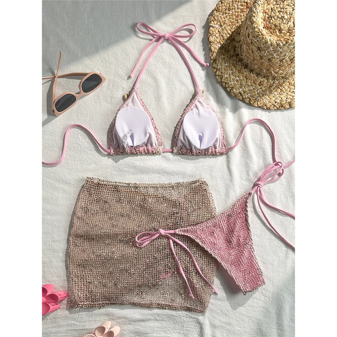 Mit Rock, gewelltem Ausschnitt, Neckholder-Bikini, Damen-Badebekleidung, dreiteiliges Bikini-Set, gepolsterter Badeanzug, Badeanzug, Schwimmanzug V8482 – Detail 11