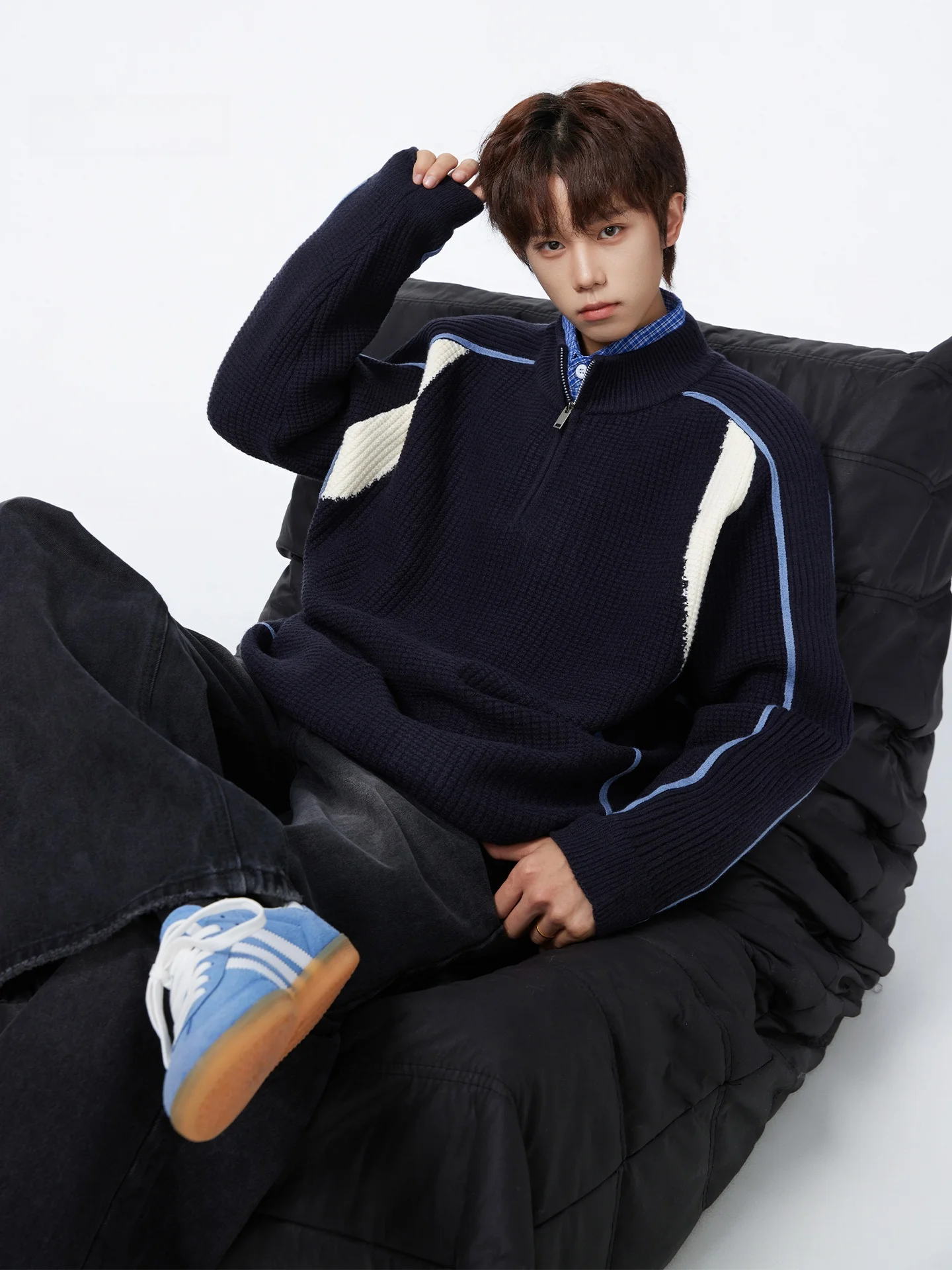 

American Contrast Color f Zip Sweater Men's Autumn Winter Thi Lazy Sle Casual Loose Warm Inner Knitted irt Top