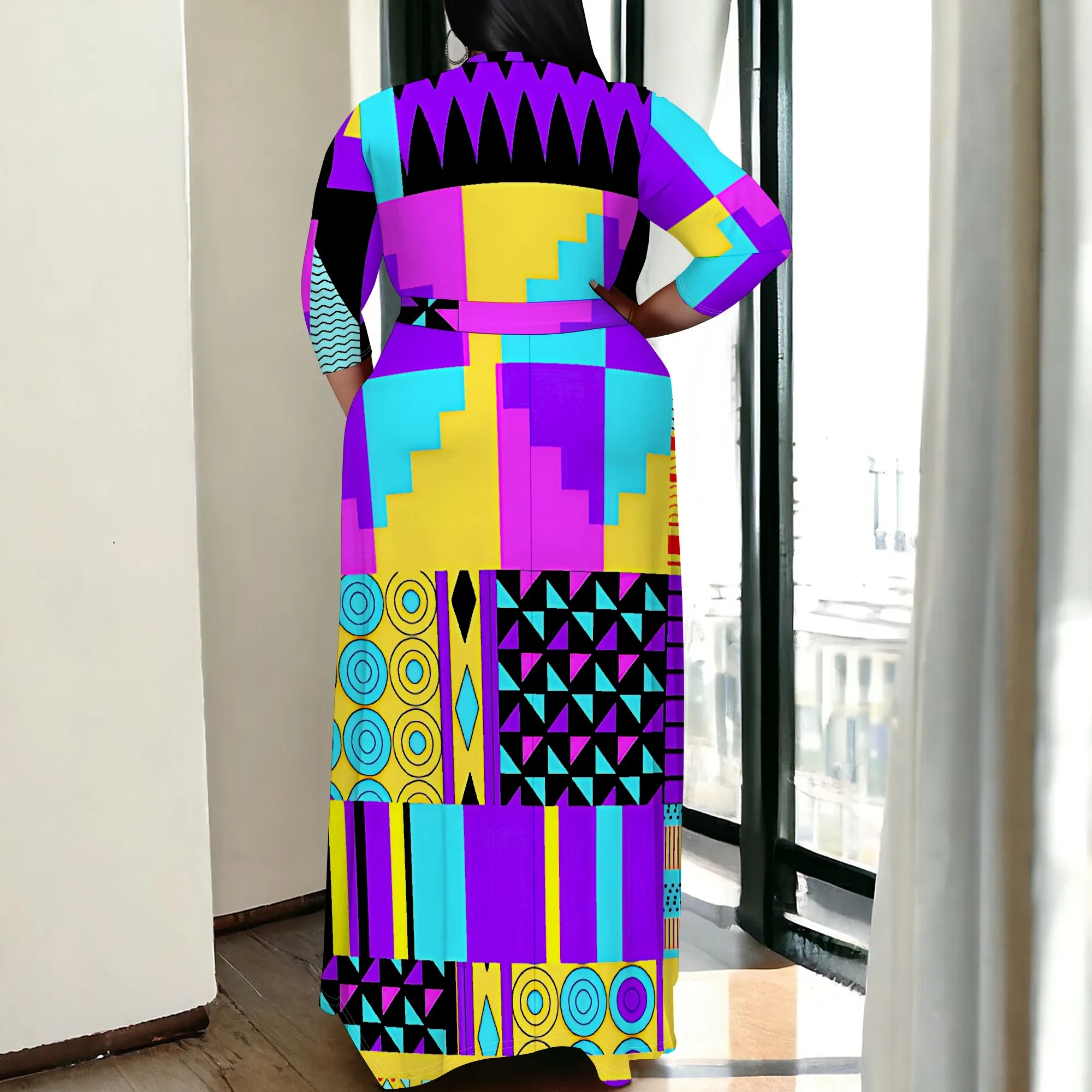 Plus Size Women's 3/4 Sleeve V Neck Women With Pocket and Bel Long Dress Fashion Printed Split Hem Club Party Casual  Maxi Dress