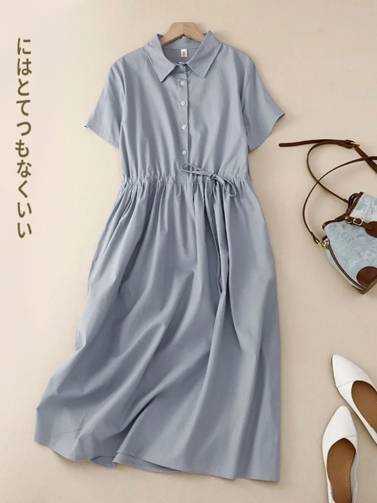 Pure Color Linen Shirt Dress Women Summer Drawstring Slim Cotton Linen Short Sleeve Dress Retro Style Button Detail A-Line Skirt