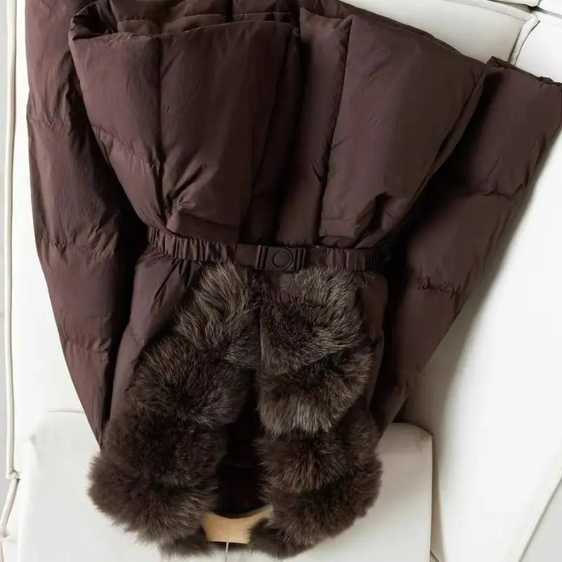New Stylish Fox Fur Collar Warm Down Jacket 2026 Winter Thickened Waist-cinching Fur Fashionable Warm Mid-length Outerwear