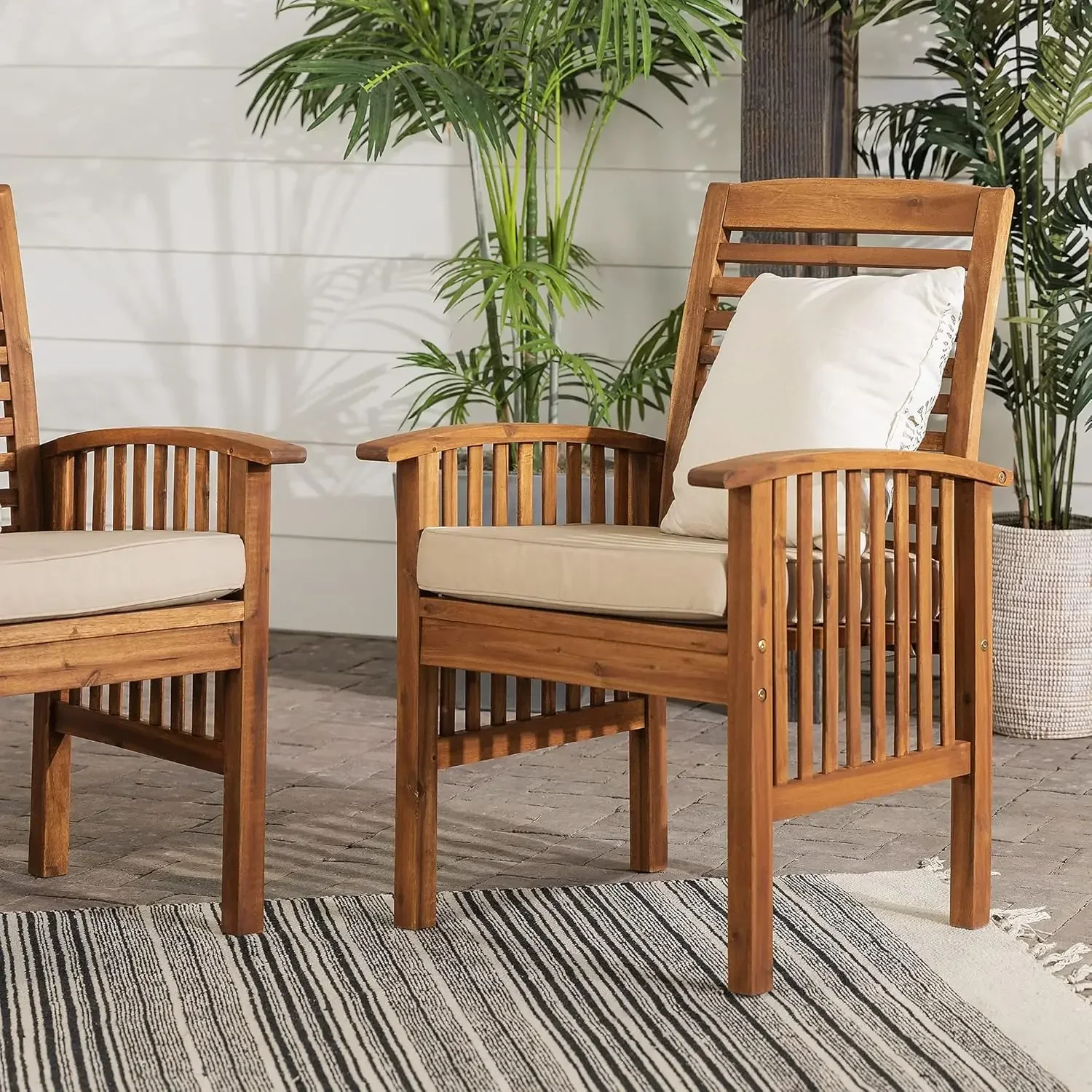 Edison Rendezvous Modern 2 Piece Solid Acacia Wood Slat Back Outdoor Dining Chairs, Set of 2, Brown