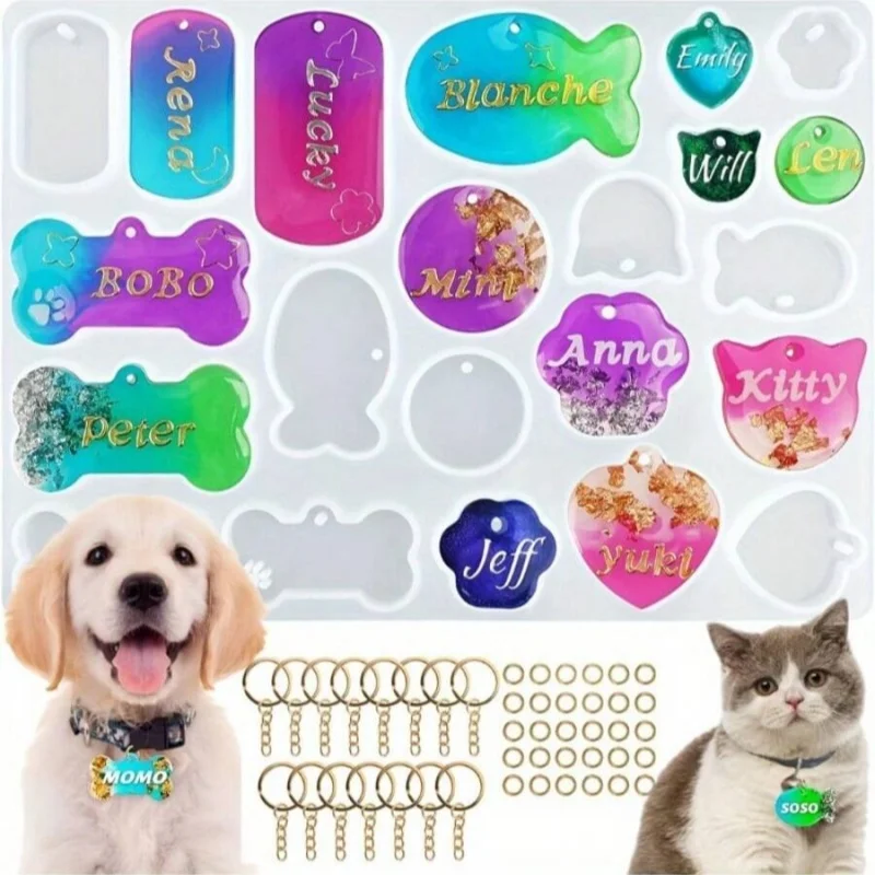 

15pcs Silicone Keychain Pet Label Resin Silicone Mold DIY Dog Bone Cat Shape Craft Label Pendant Decoration Jewelry