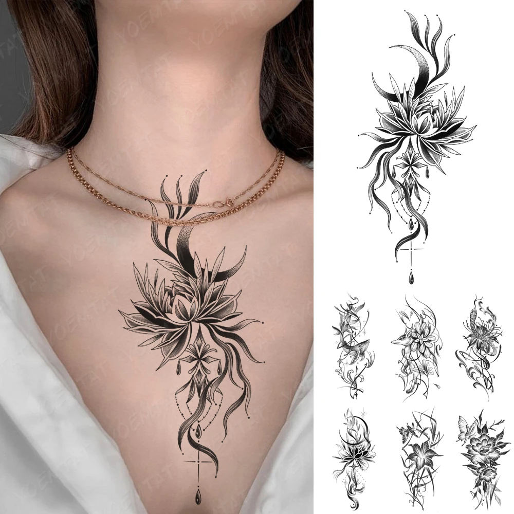 

Waterproof Temporary Tattoo Sticker Sexy Black Henna Lotus Moon Gems Whale Fox Women Chest Arm Tatoo Fake Tattoos Men Body Art