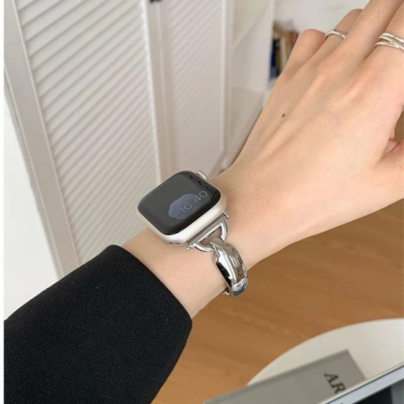 الفاخرة المعادن الفرقة ل iWatch الترا سلسلة 10 9 8 7 SE 6 5 4 سليم فتاة سوار للساعة أبل 38 مللي متر 40 41 42 44 45 46 49 مللي متر