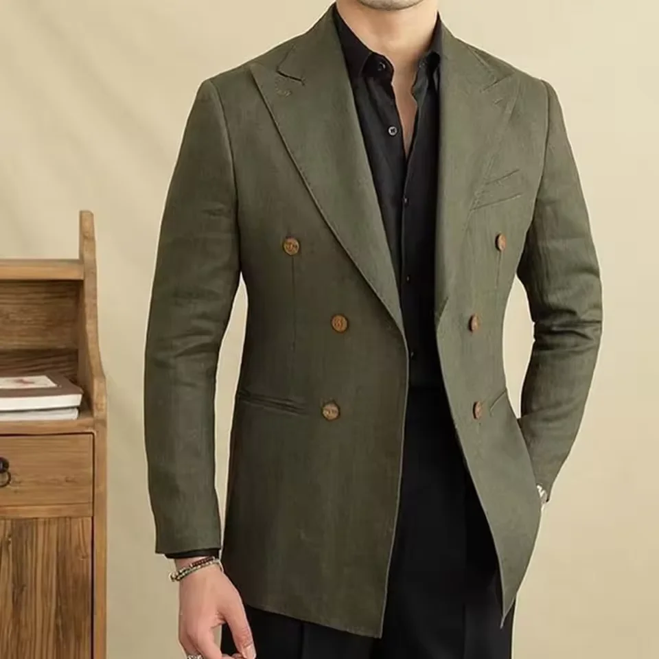 Vintage Men's Linen Blazer Double Breasted Peak Lapel Slim Fit Jacket Breathable Soft Wrinkle Free Business Casual Men Suit Coat