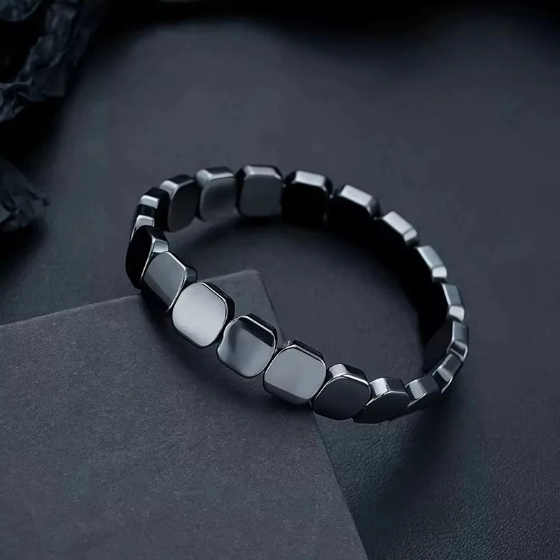 FTCY Hematitelack Black Gallstones Elastic Square Bead Bracelet For Men Hemios Hematite Bangles Restore Confidence Nhance Mental