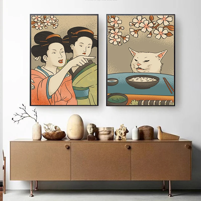 Woman Yelling At a Cat Poster Vintage Japanese Geisha Home Decor Funny Canvas Painting Wall Art Print Dining Room Decoration