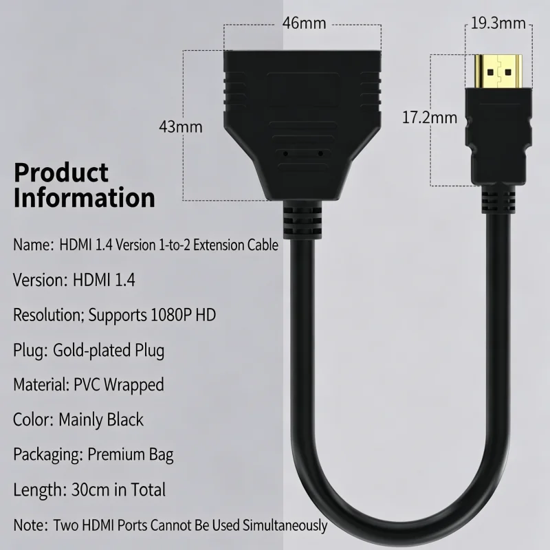 HDMI 1 Male to 2 Female Splitter Cable 0.3M HDMI 1.4 HD Video Extension Cord 1080P Single Screen Output，Micro USB 0.3m Cable
