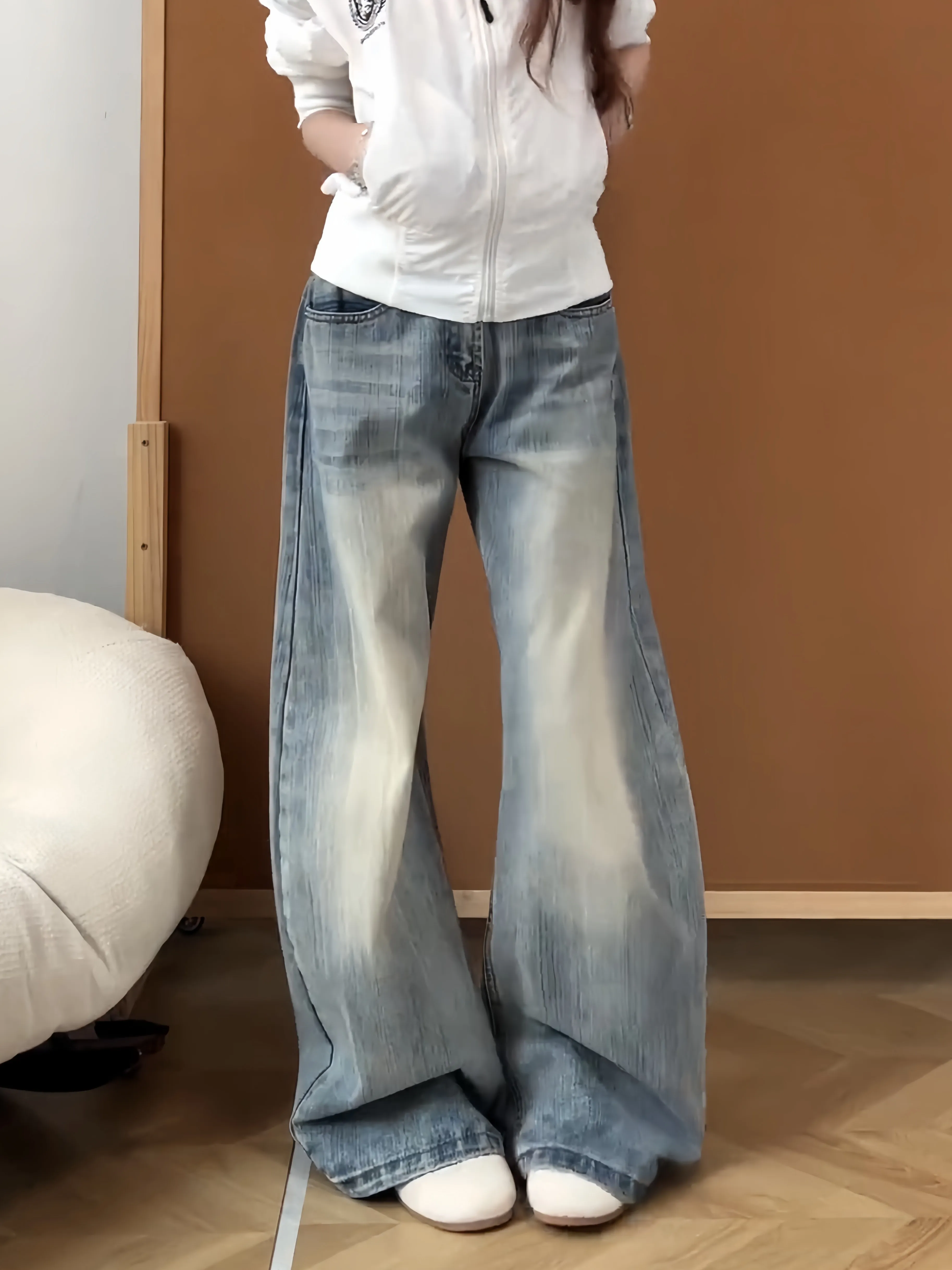 Washed Blue Men's Denim Pants Autumn Season High Street Style Slim Fit Drapey Long Straight Tube Bamboo Pattern Jeans