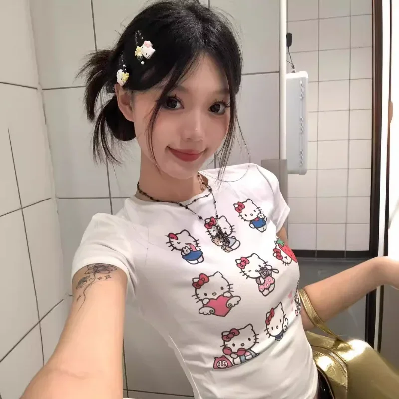 Hello Kitty pajamas new white short-sleeved cotton women's clothing top Sanrio loungewear T-shirt Hello Kitty women's pajamas