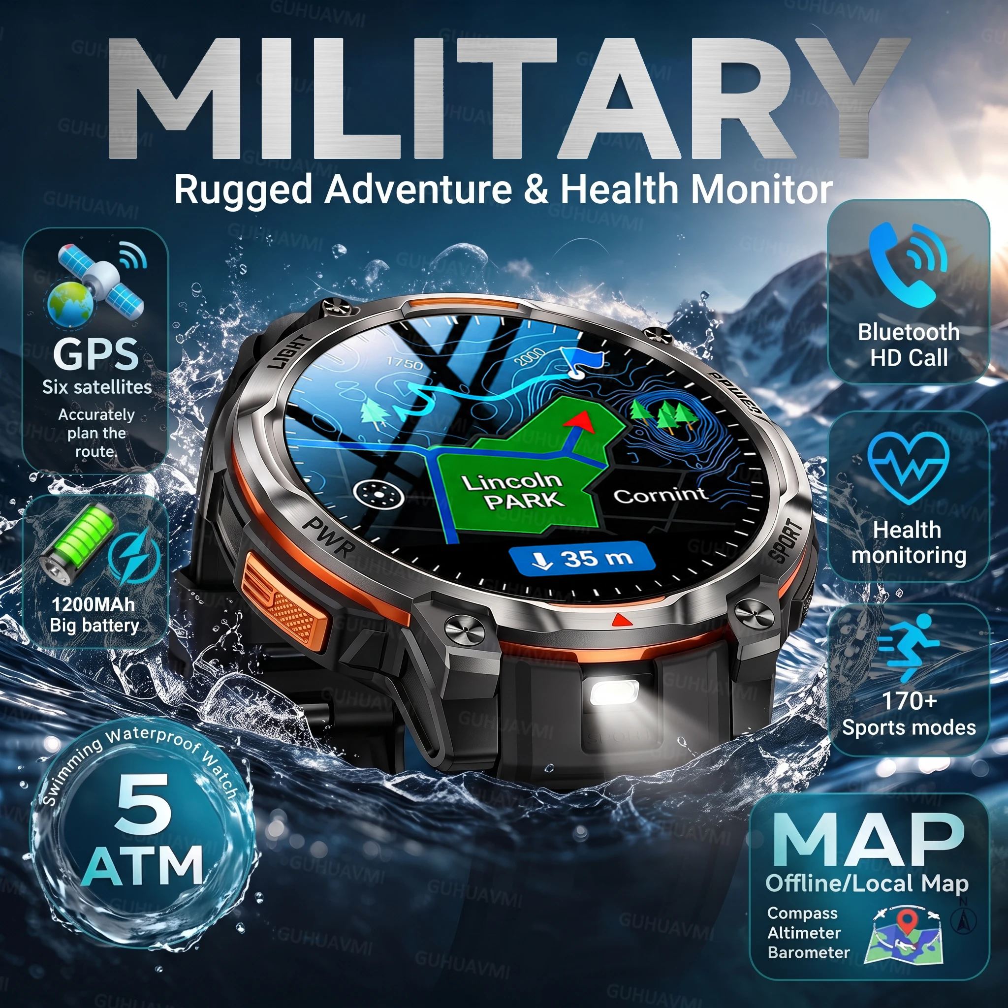 2026New GPS Offline Map 1200mAh Battery Smart Watch Built in GPS Compass Altimeter AI-GPT 5ATM Waterproof Men Sports Smartwatch