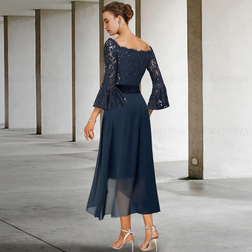 Customized Blue Short Mother Of The Bride Dresses Lace Chiffon Wedding Guest Gowns Long Sleeves Sheath Dress Women Wedding Party