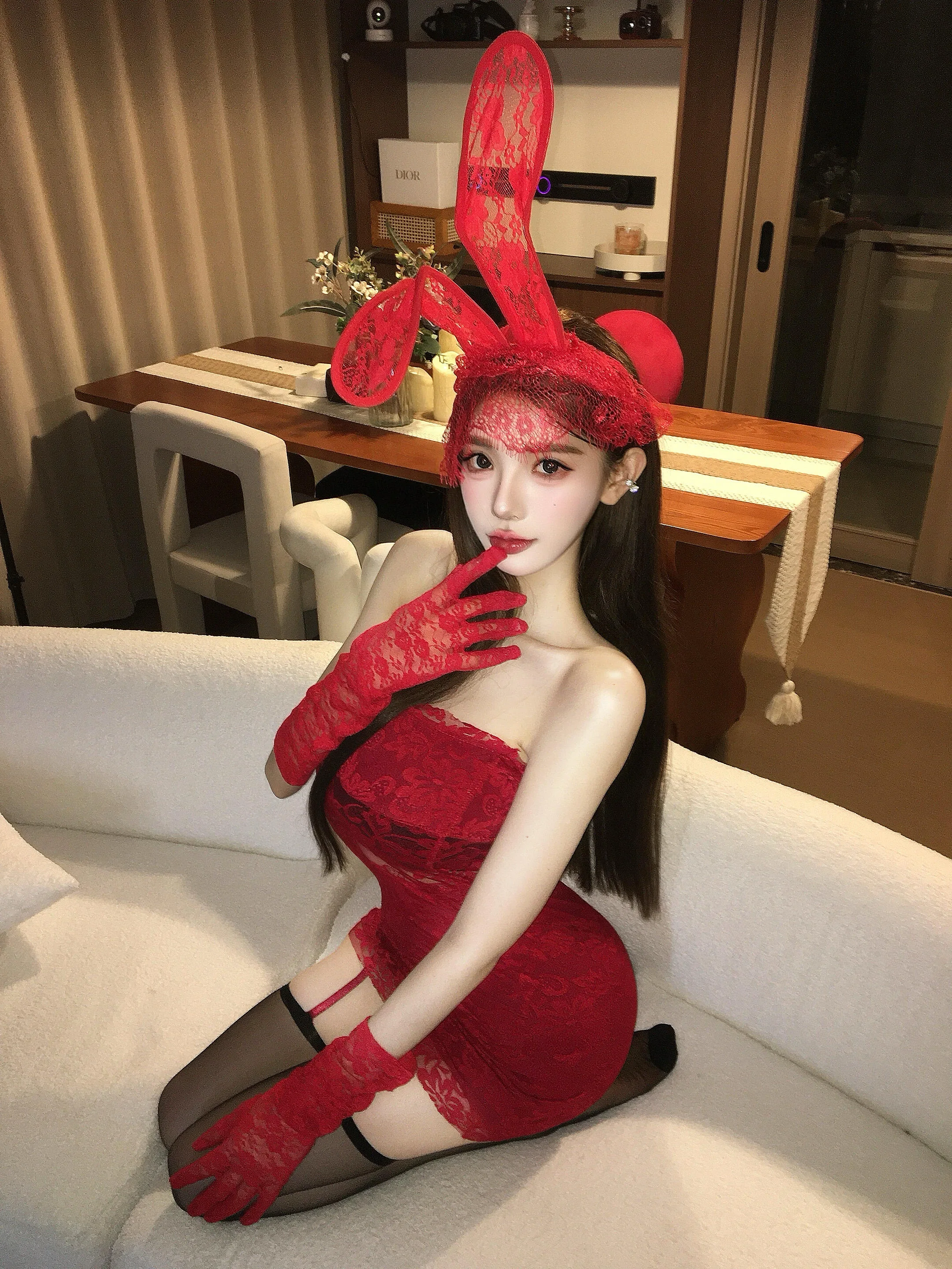 

Pure Desire Red Lace Dr Rabbit Girl Cos orm ort Skirt Sexy loween Rabbit Ear Outfit Spicy Girl Sle Polyester Fa...