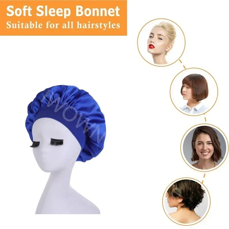 New Women\'s Satin Solid Wide-brimmed Sleeping Hat Unisex Head Wrap Elastic Band Cap Hair Care Bonnet Night Hat bonnet de nuit