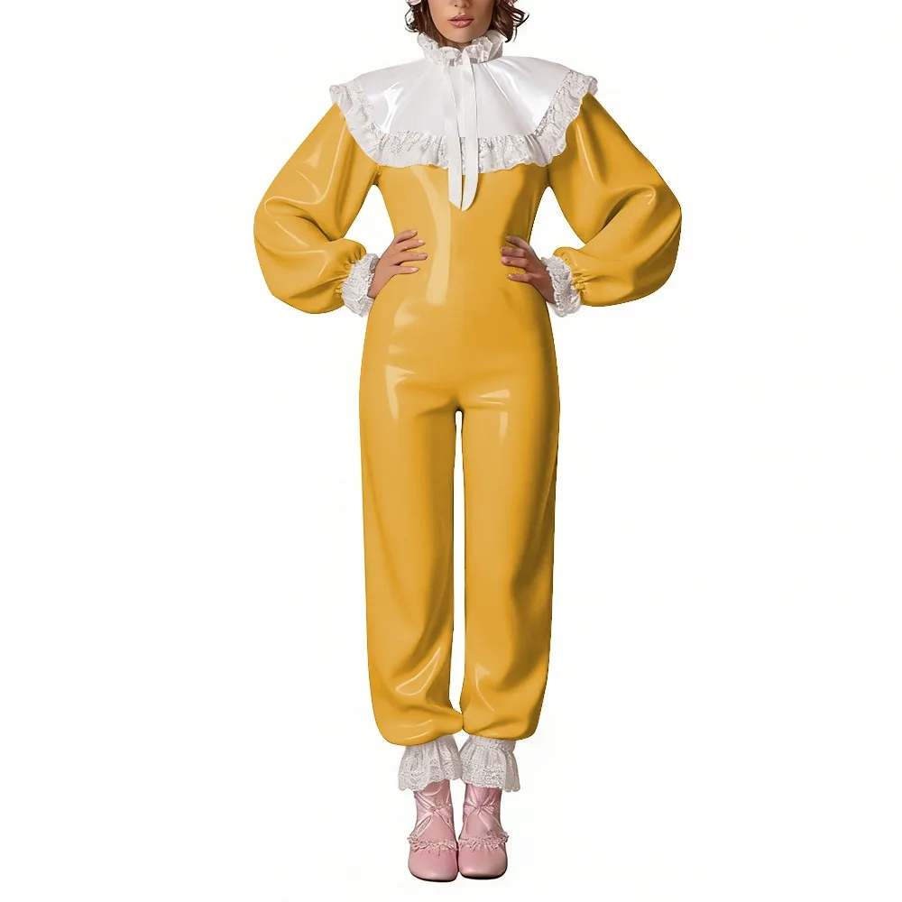 

Adult Lace Ruffles Cosplay Jumpsuit Glossy PVC Leather Long Sleeve High Neck Rompers for Sissy Halloween Party Role Play Outfits