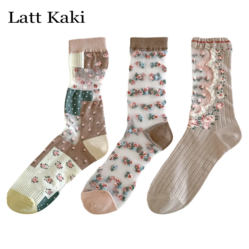 

3 Pairs/Lot Woman Socks Thin Retro Summer New Flower Socks Multipack Sweet Long Casual Transparent Socks Cute Spring Comfortable