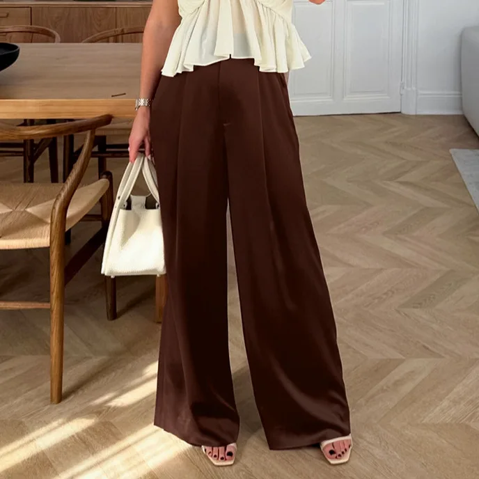 Ladies Drapey High Waist Wide Leg Trousers 2026 Spring Autumn Loose Lazy Fit Solid Color Casual Long Pants For Street Daily Look