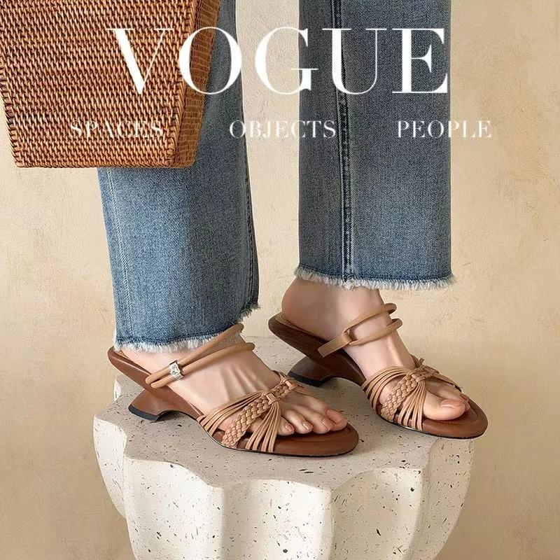 2026 new summer women sandals natural leather 22-25cm microfiber+sheepskin weave ankle-buckle mules high heel women shoes