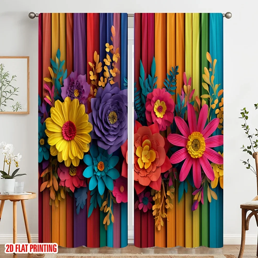 Vibrant Floral Print Curtain Panels for Living Room Home Decor Sunlight Filtering Window Drapes