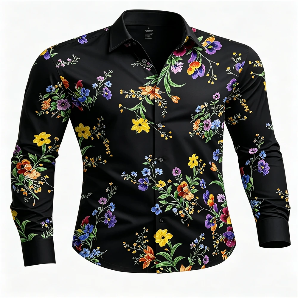 Men's FloralPrintLong Sleeve Shirt 4‑Way Stretch Turn‑down utton‑Up Casual Shirts Multicolor Hawaiian Style Vacation Party Tops