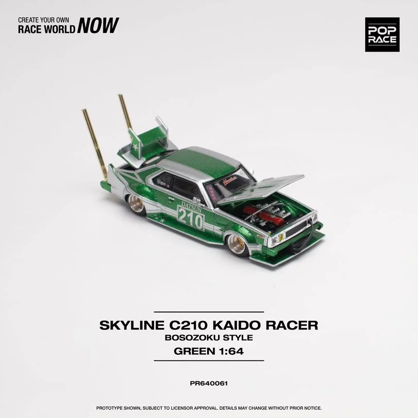 Pop Race In Stock 1:64 Skyline MK5 C210 Kaido Racer Bosozoku Green Silver Openable Hood Diecast Diorama Car Model