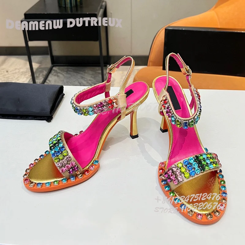 

Colorful Crystal Gold Sandals Open Stiletto Red Heels Luxury Black Dress Jeweled Strap Slingback Light Bling Party Elegant Shoes