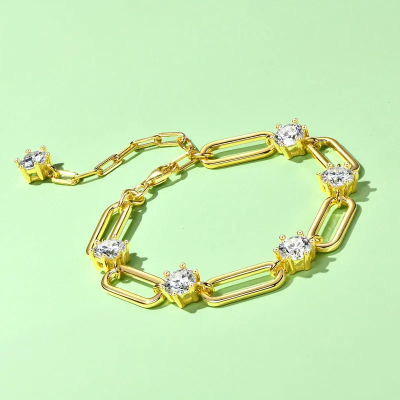 IOGOU Full D Round Moissanite Diamond Bracelet for Women 925 Silver Geometric Pin Paper Clip Design Adjustable Chain Bracelet