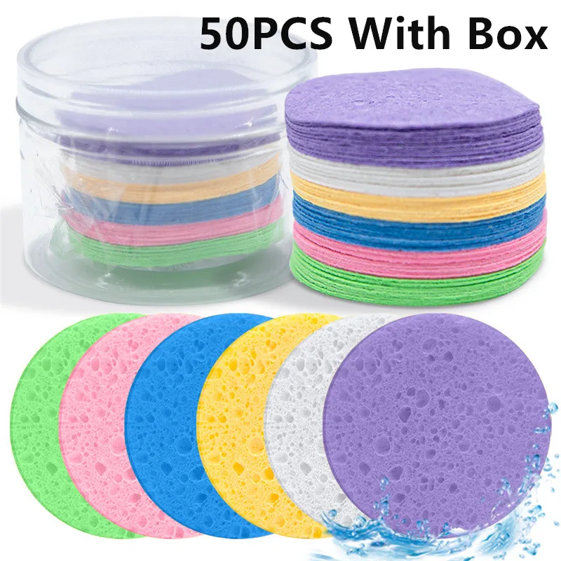 

50PCS Mix Color Round Facial Cleansing & Exfoliating Compressed Sponge With Box For Home Use Or Travel Sponges Pad Makeup Puff