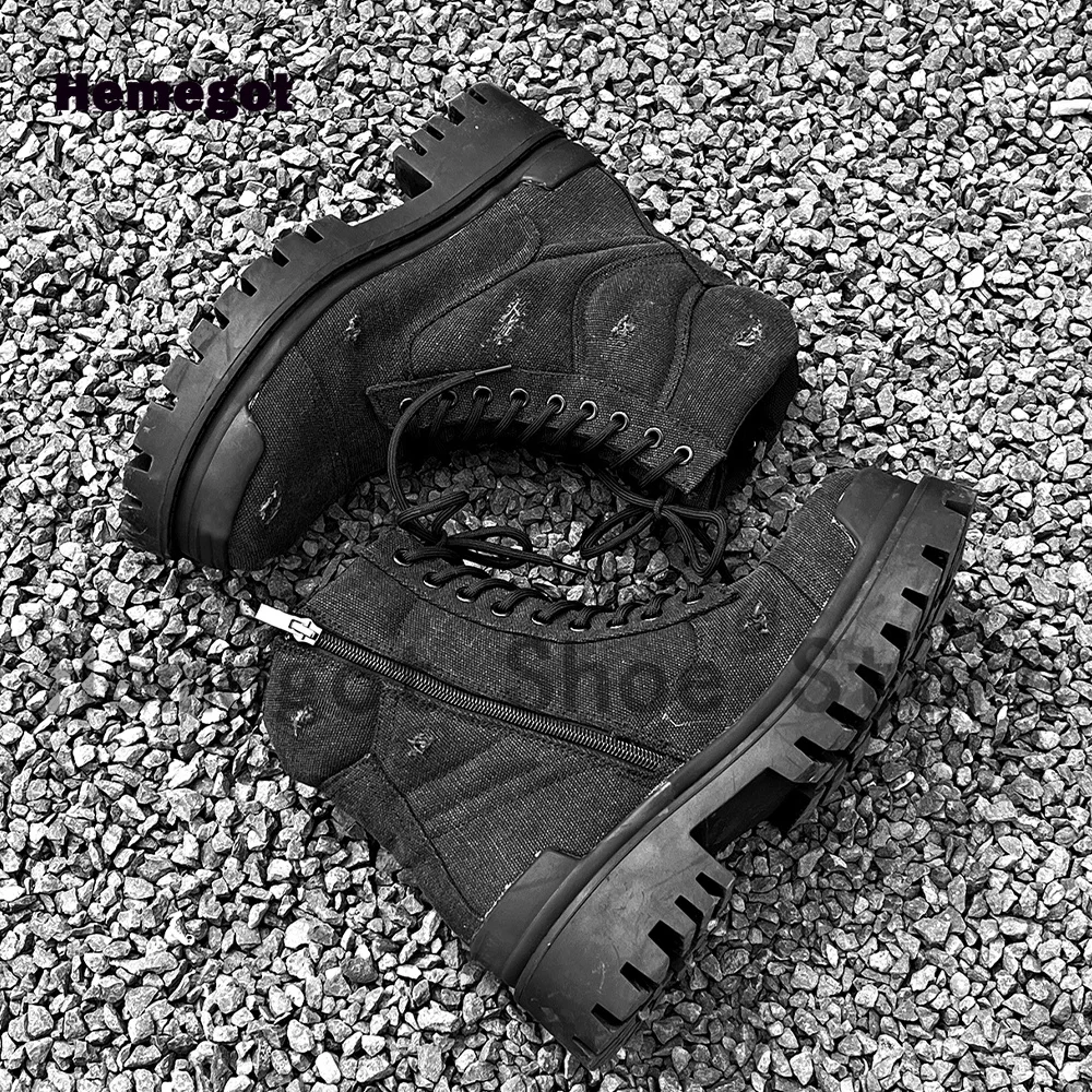 Black Grey Denim Men\'s Boots Designer Stylish Lace-Up Booties Males High-Top Wear-Resistant Luxurious Handmade Men\'s Shoes