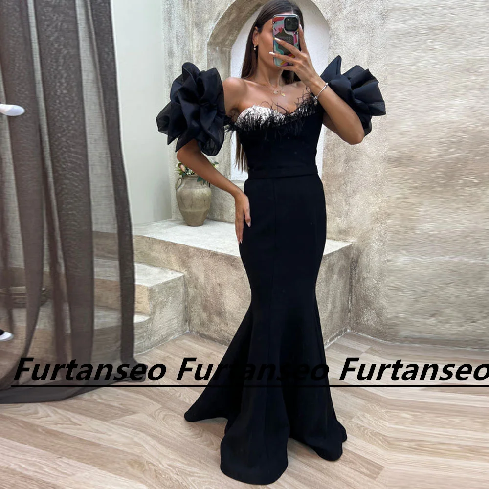 

Elegant Dubai Mermaid Evening Dress Detachable Puff Sleeve Saudi Arabia Formal Prom Dresses Feather Beading Vestidos De Gala