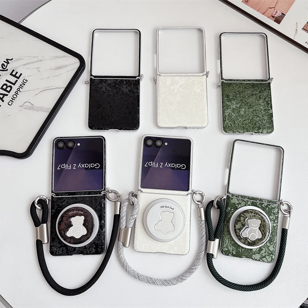 

Fashion Leather Silver Magnetic Phone Case for Samsung Galaxy Z Flip7 7FE Flip6 7 Flip5 6 Flip6 5 Cover With Magsafe Bear Stand