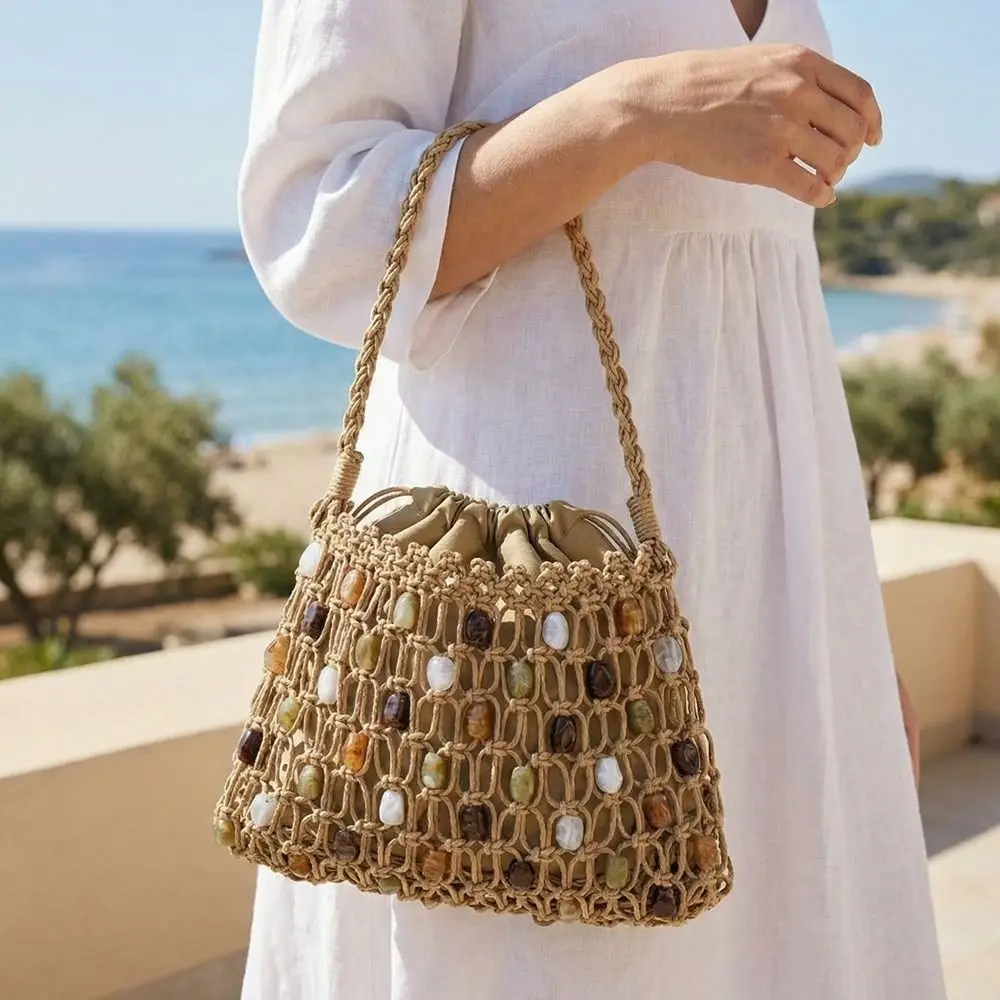 

Корейская плетеная сумка с бусинами, ручной работы, из вощеной веревки, с бусинами, в стиле вакансионном, однотонная, ажурная, на плечо, на каждый день