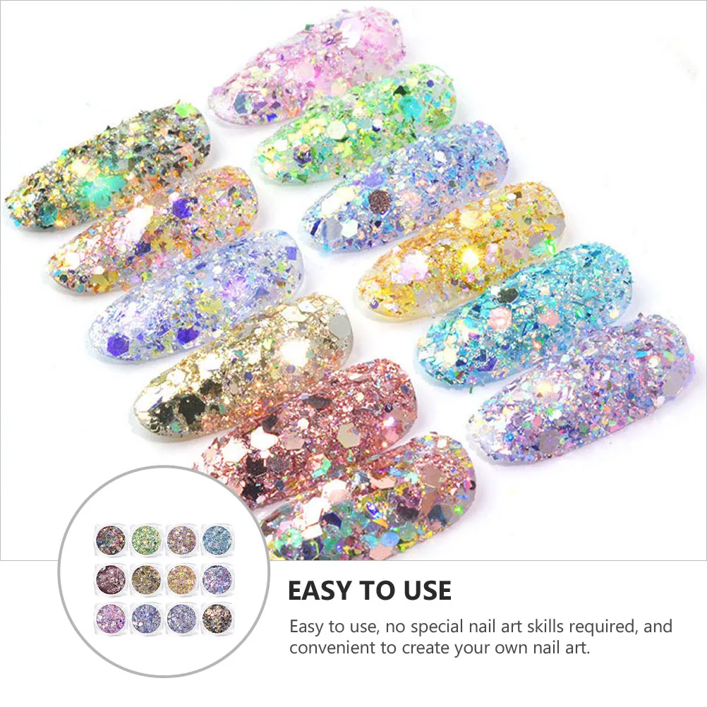 

12 Boxes Nail Art Glitter Sequins Sparkly DIY Manicure Accessories Fingernail Decoration Kit Charming Nail Craft Supplies