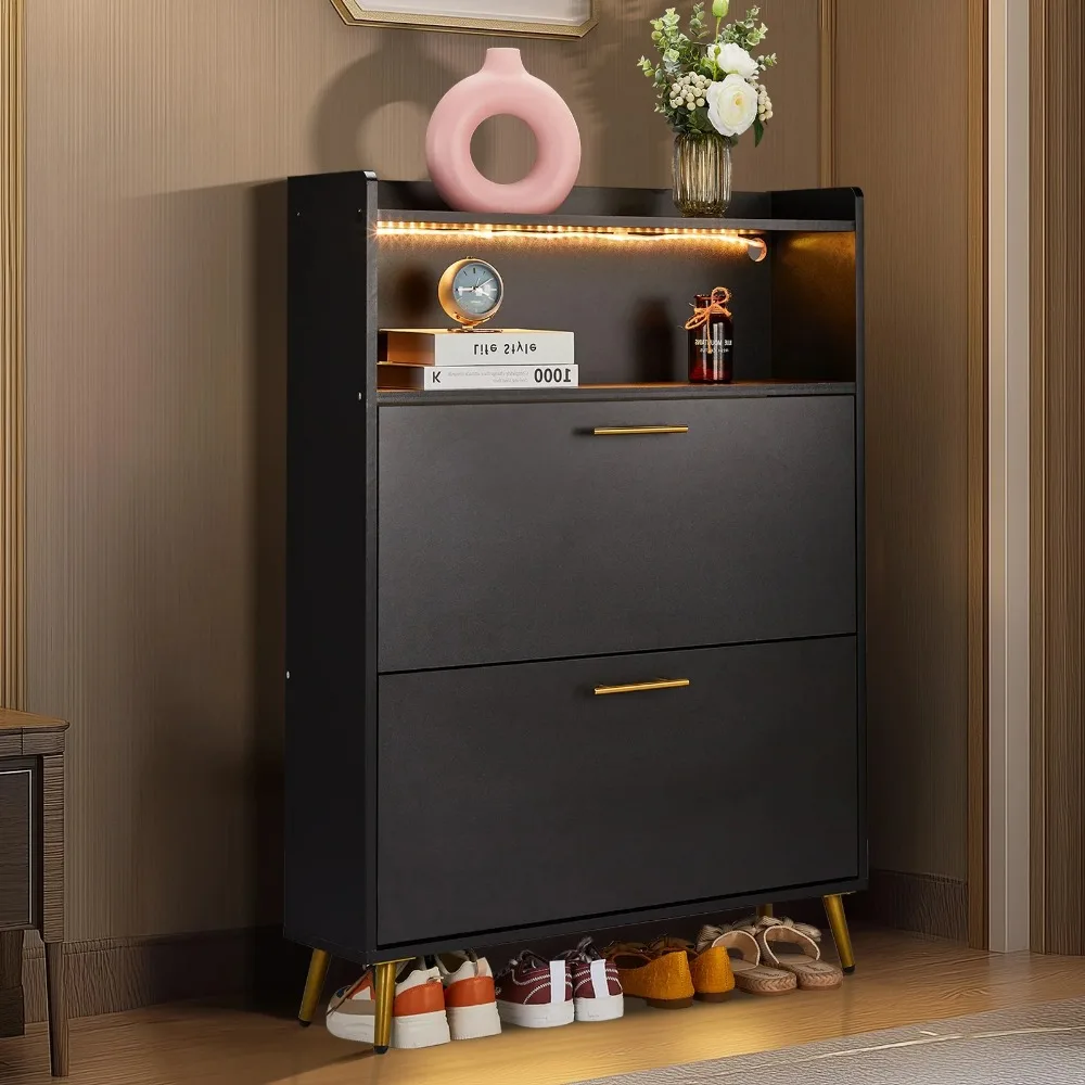 

2 Drawer Shoe Cabinet with 1 Open Storage and 15 Adjustable LED Lights, 24 Pairs of Shoes, Black