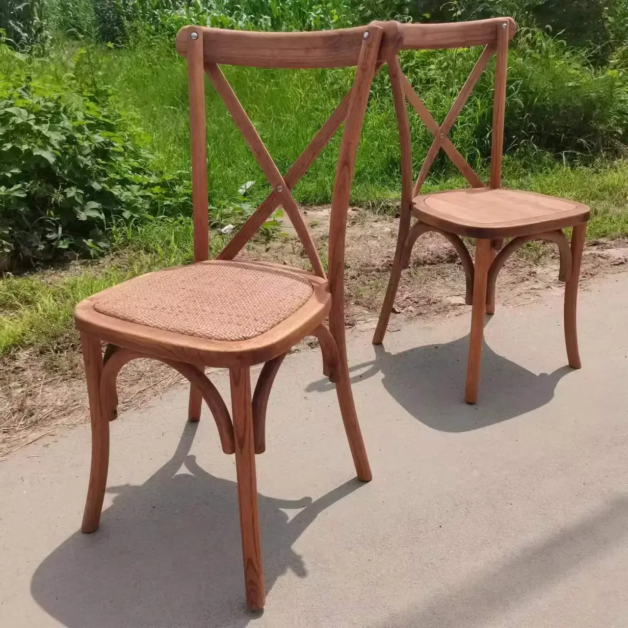 Hot sale wholesale wedding party wooden stackable KD cross back bentwood chair  with rattan cushion and solid wood seat