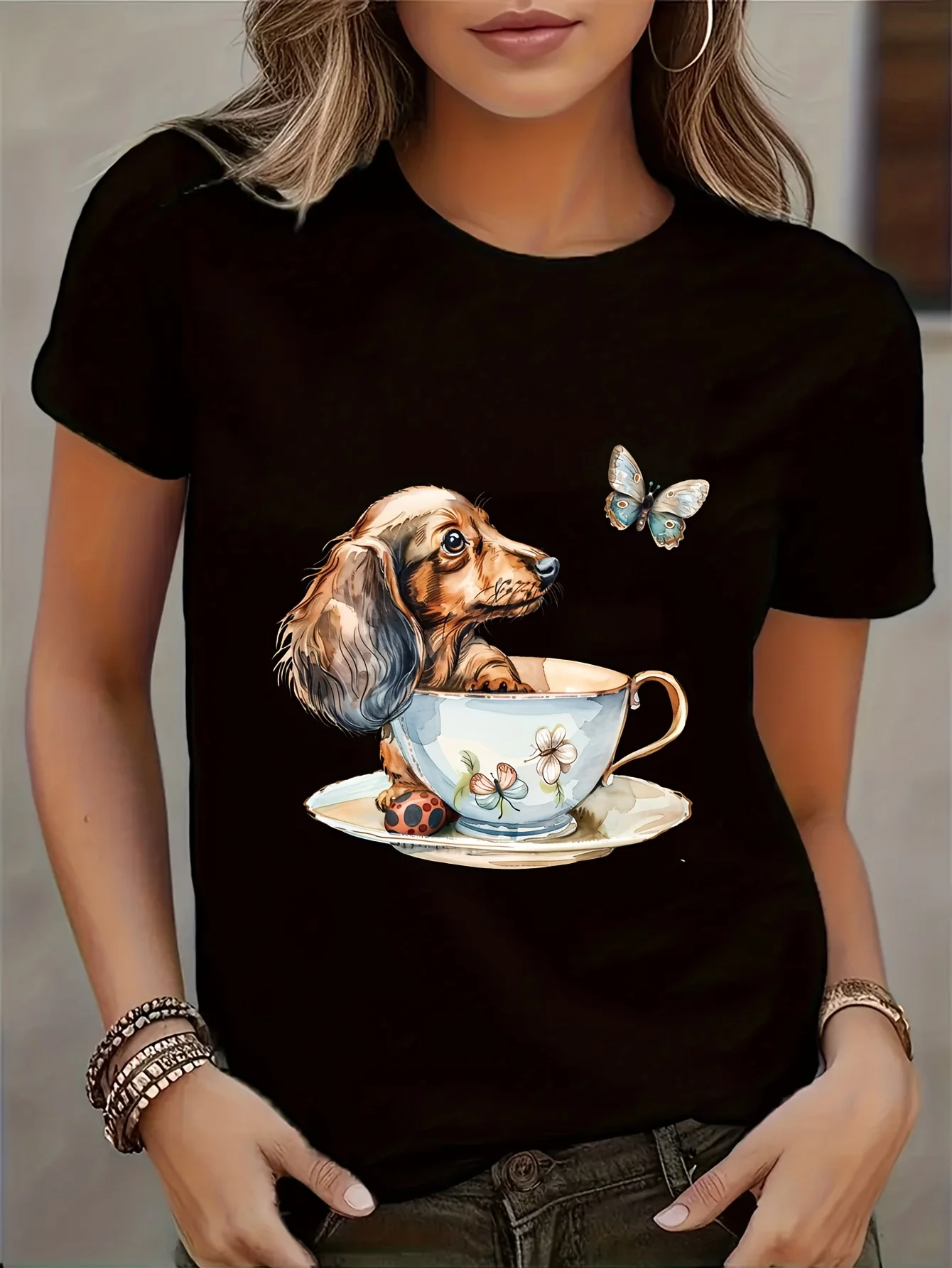 

Женская пасхальная кружка таксы, футболка с графическим рисунком, повседневная футболка с круглым вырезом, коротким рукавом, геометрическим узором, всесезонный топ, графические футболки Y2K