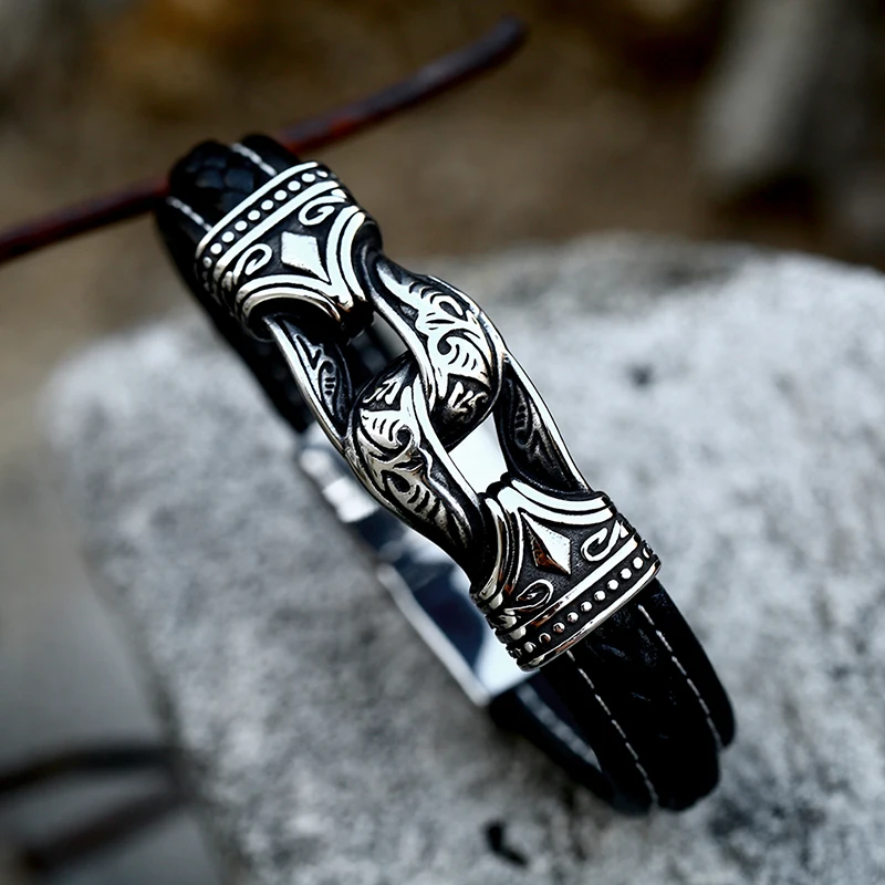 Beier Updated Viking Totem Rune Bracelet Nordic Raytheon Hammer Double Buckle High Quality Jewelry LLBC-L034