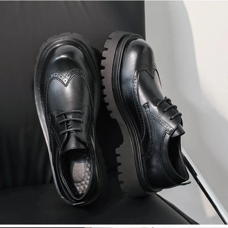 

Мужские туфли-броги на платформе, роскошные, ручной работы, весна-осень 2026, в британском стиле, с круглым носком, на шнуровке, для свадьбы и вечеринок, мужской размер 46