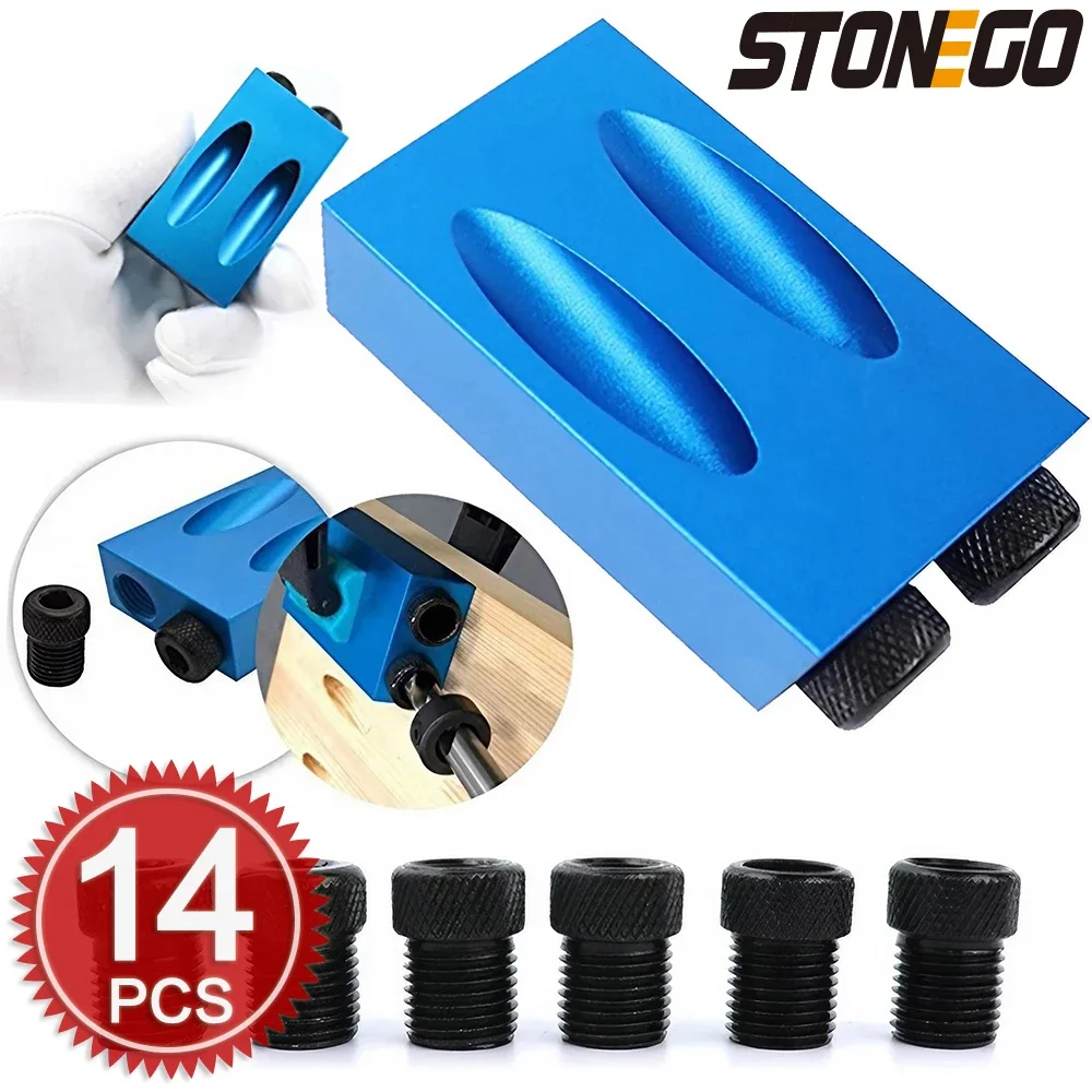 STONEGO 7/14PCS Woodworking Tools Pocket Oblique Hole Screw Jig Locator Drill Bits 15 Degree Angle Drill Guide Set