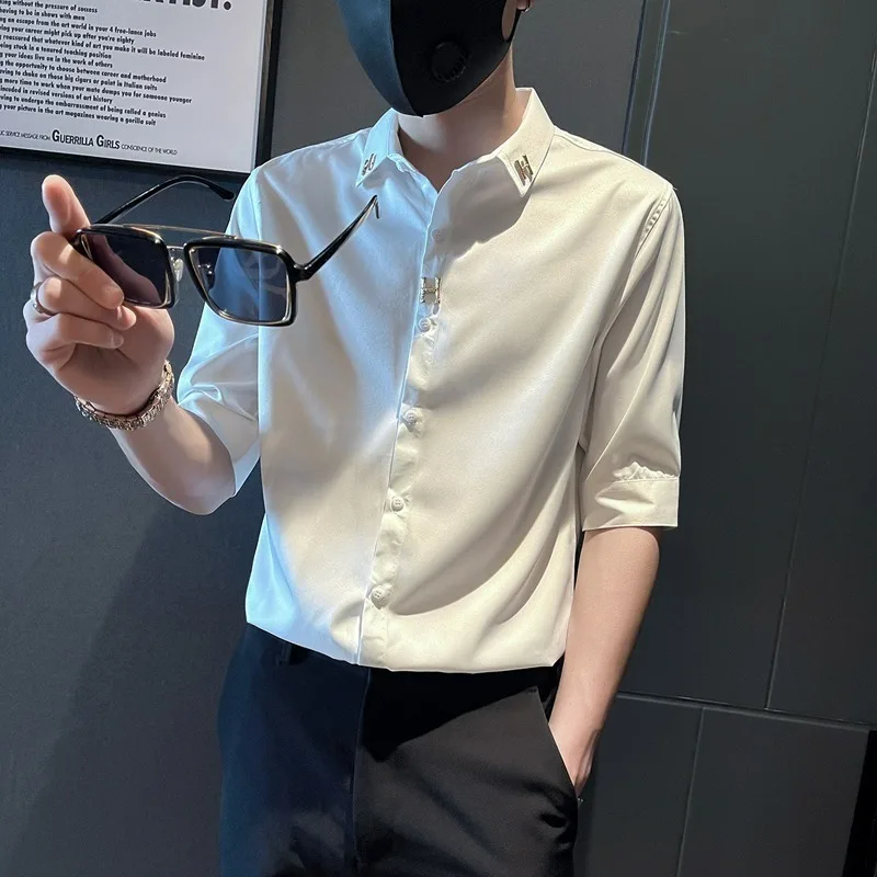 

Summer Men's plus Size Shirt 250 Pounds Hong Kong Style Retro Short Sleeve Middle Sleeve Seven Sleeve Press Brick Internet Re...