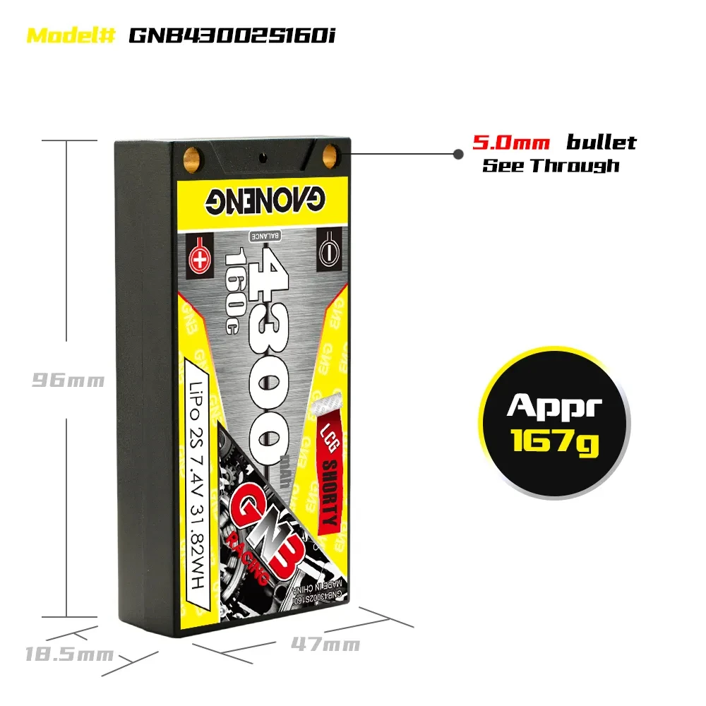 GAONENG GNB 4300mAh/6500mAh 2S 7.4V 160C 5mm Bullet Hardcase LiPo Battery (معتمدة من RAR)