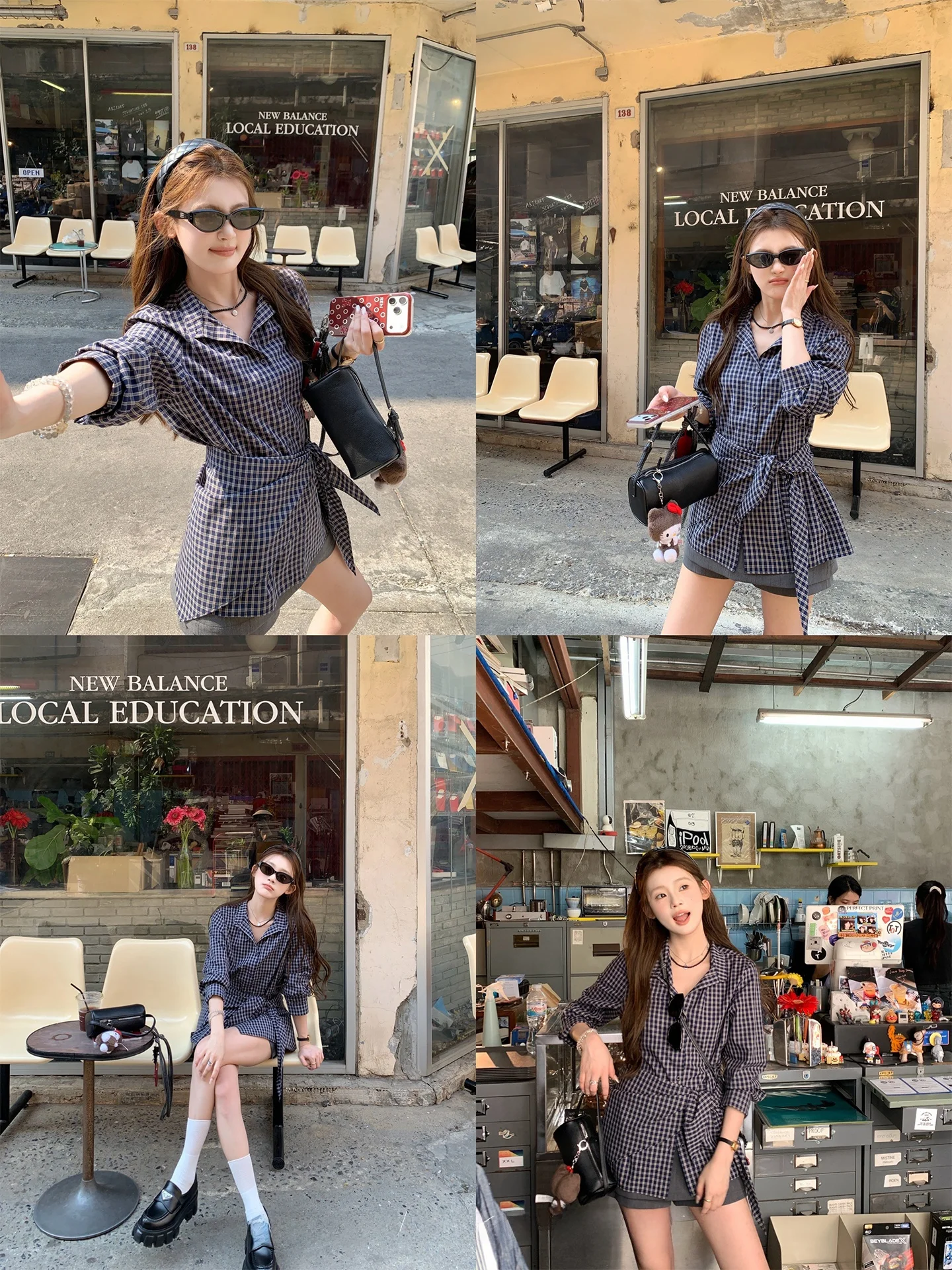 

Синяя длинная рубашка из 100% хлопка в клетку с поясом, универсальная, для офиса, элегантная, женская, премиум-класса, модная, весна 2026