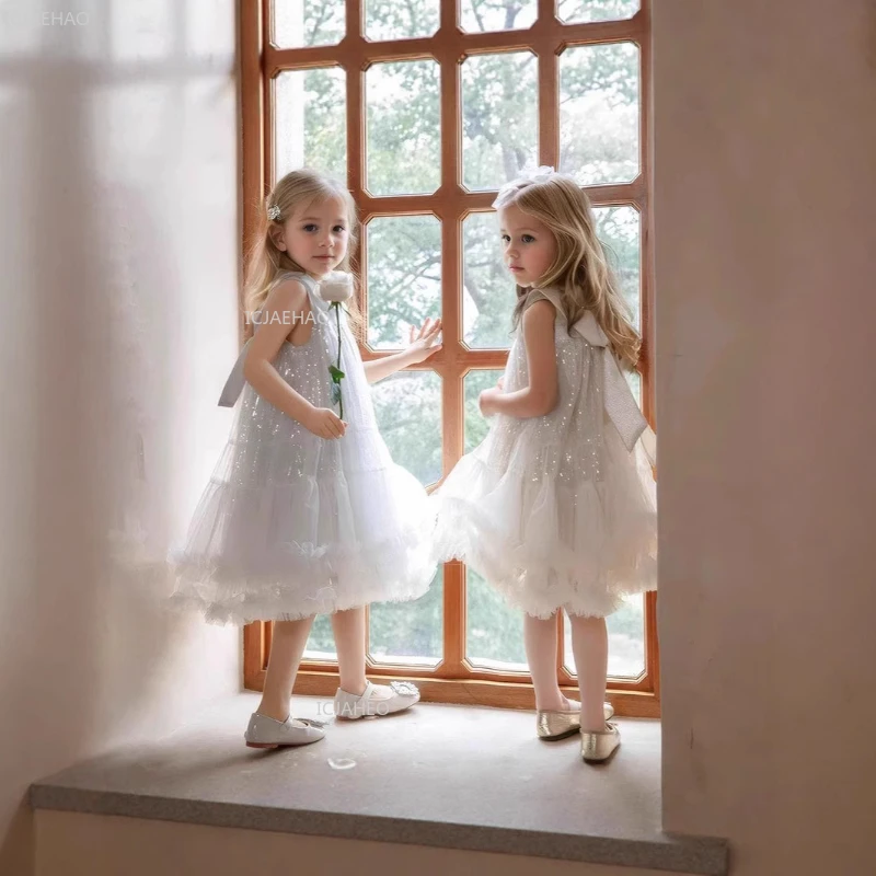 New Children Girls Party Dress Peter Pan Collar Sleeveless Banquet Pageant Form Tulle Princess Gown for Host Piano Performanceal