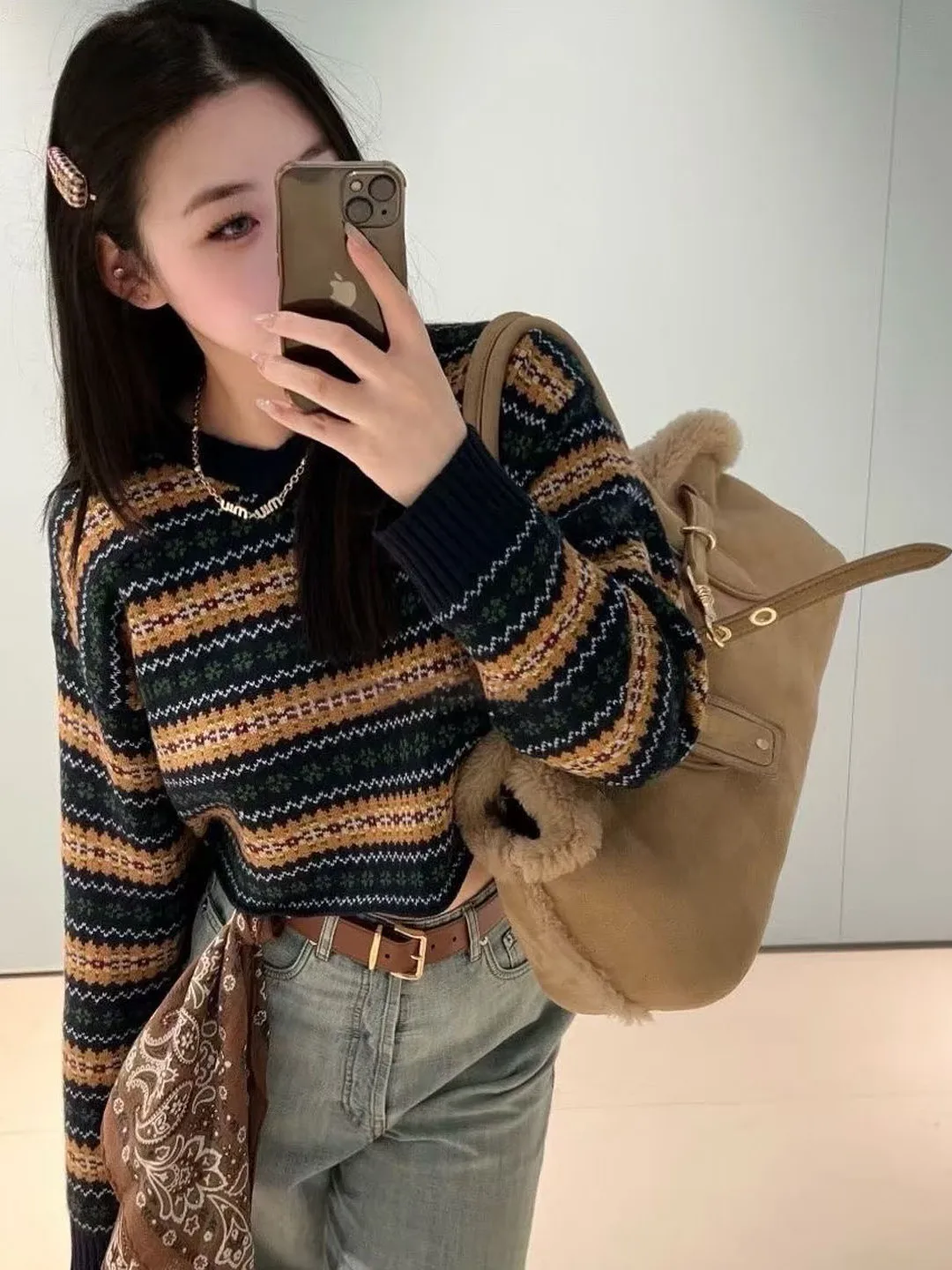 

Women's Color-Block Stripe Letter Jacquard V-Neck Long Sleeve Knit Sweater – Loose-Fit Pullover for Fall/Winter
